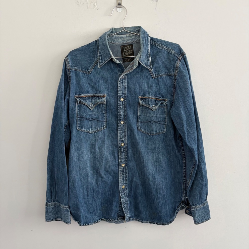 Lucky Legend Mens Denim Western Pearl Snap Shirt Blue Long Sleeve Large